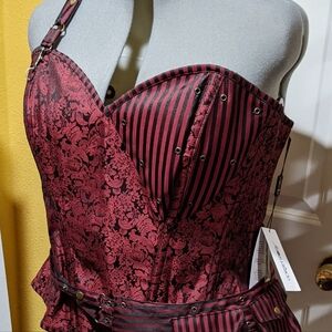 Corset Story retro floral stripe steampunk corset nwt 46 2x 3x red